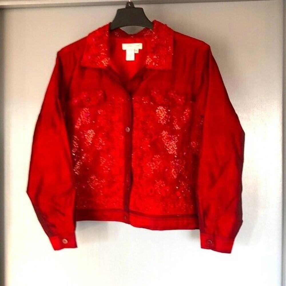 Coldwater Creek Silk Blend lined Jacket Red Sequins,Embroidery, lace size PXL